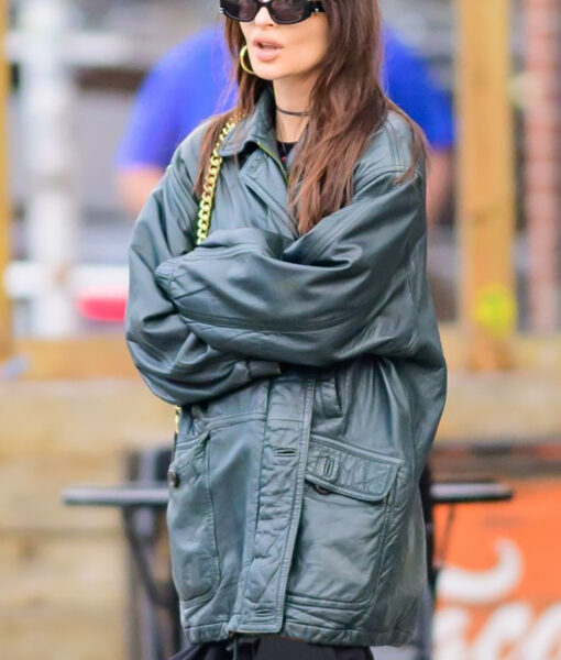 Emily Ratajkowski Long Length Leather Jacket-3