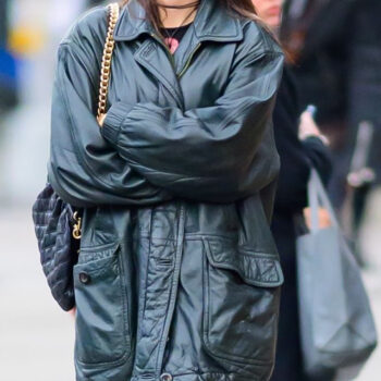 Emily Ratajkowski Long Length Leather Jacket-4