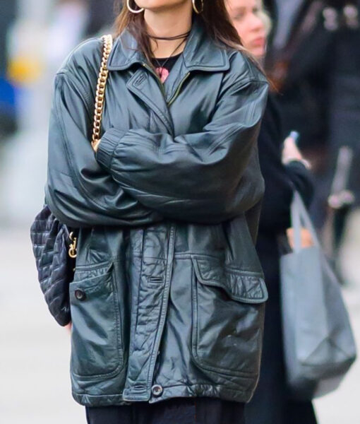 Emily Ratajkowski Long Length Leather Jacket-4