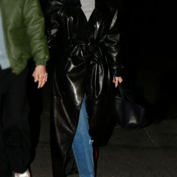 Hailey Bieber funke Black Leather Long Coat-1