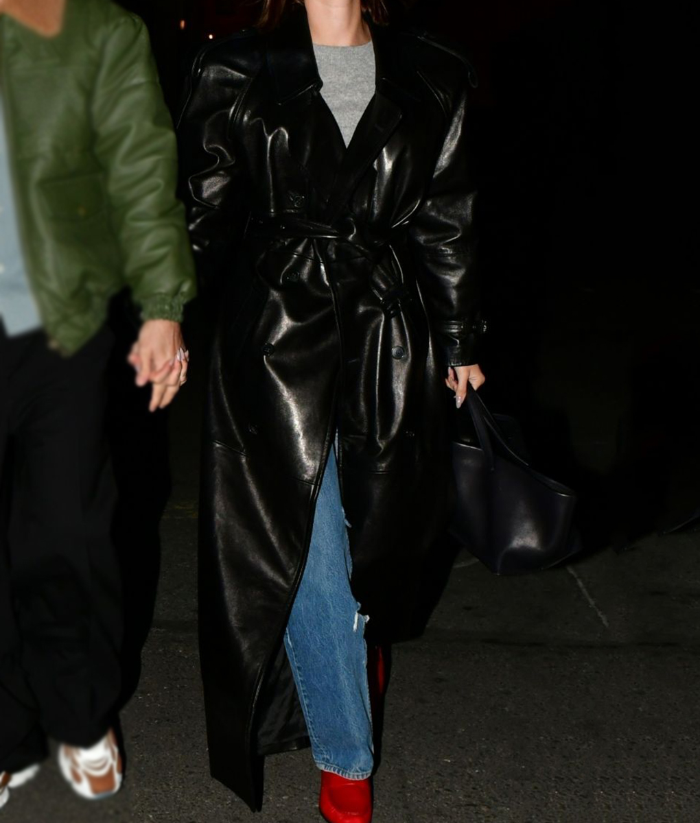 Hailey Bieber funke Black Leather Long Coat-1