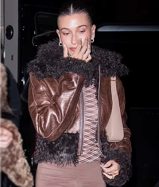 Hailey Bieber Leather with Fur Brown Jacket-5