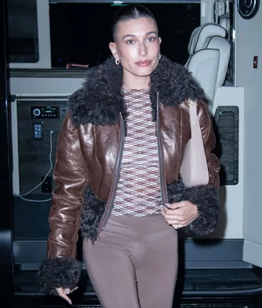 Hailey Bieber Leather with Fur Brown Jacket-6