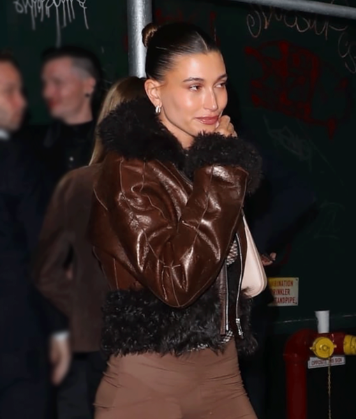 Hailey Bieber Leather with Fur Brown Jacket-1