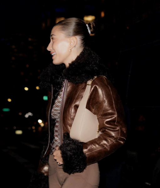 Hailey Bieber Leather with Fur Brown Jacket-2