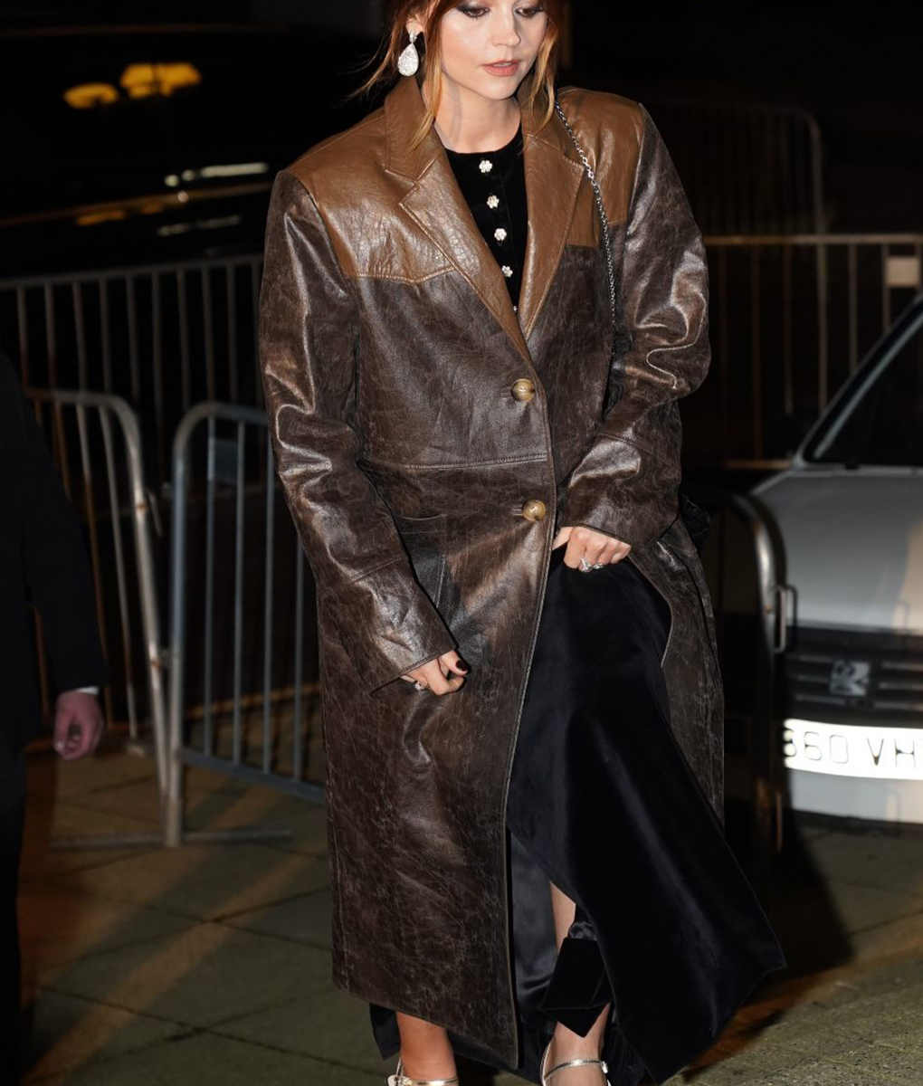 Jenna Coleman Brown Film Premiere Leather Coat
