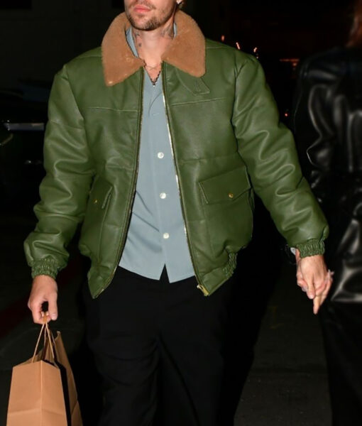 Justin Bieber Green Leather Bomber Jacket-3
