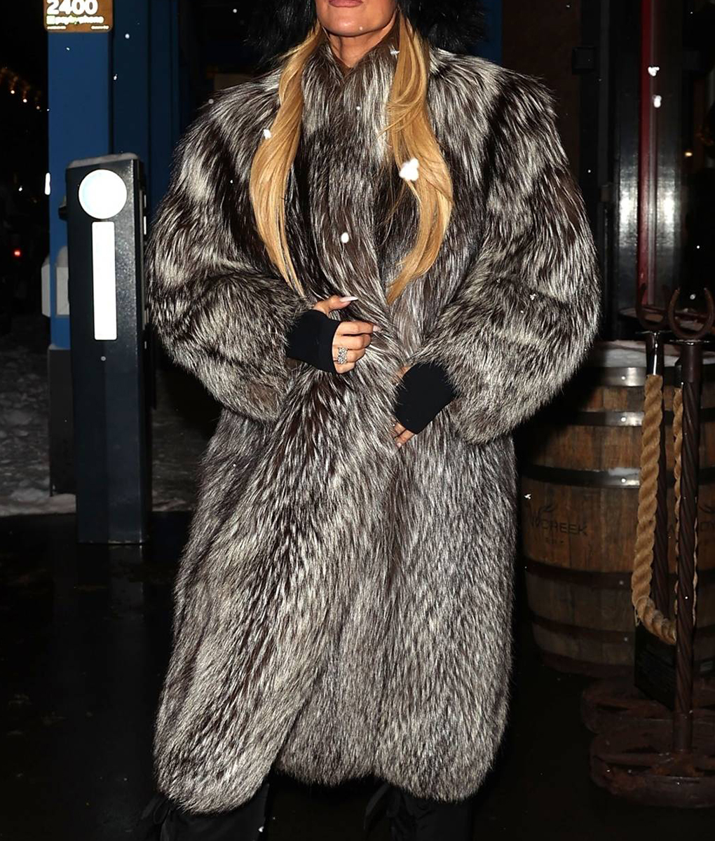 Khloe Kardashian Monochrome Long Fur Coat (2)