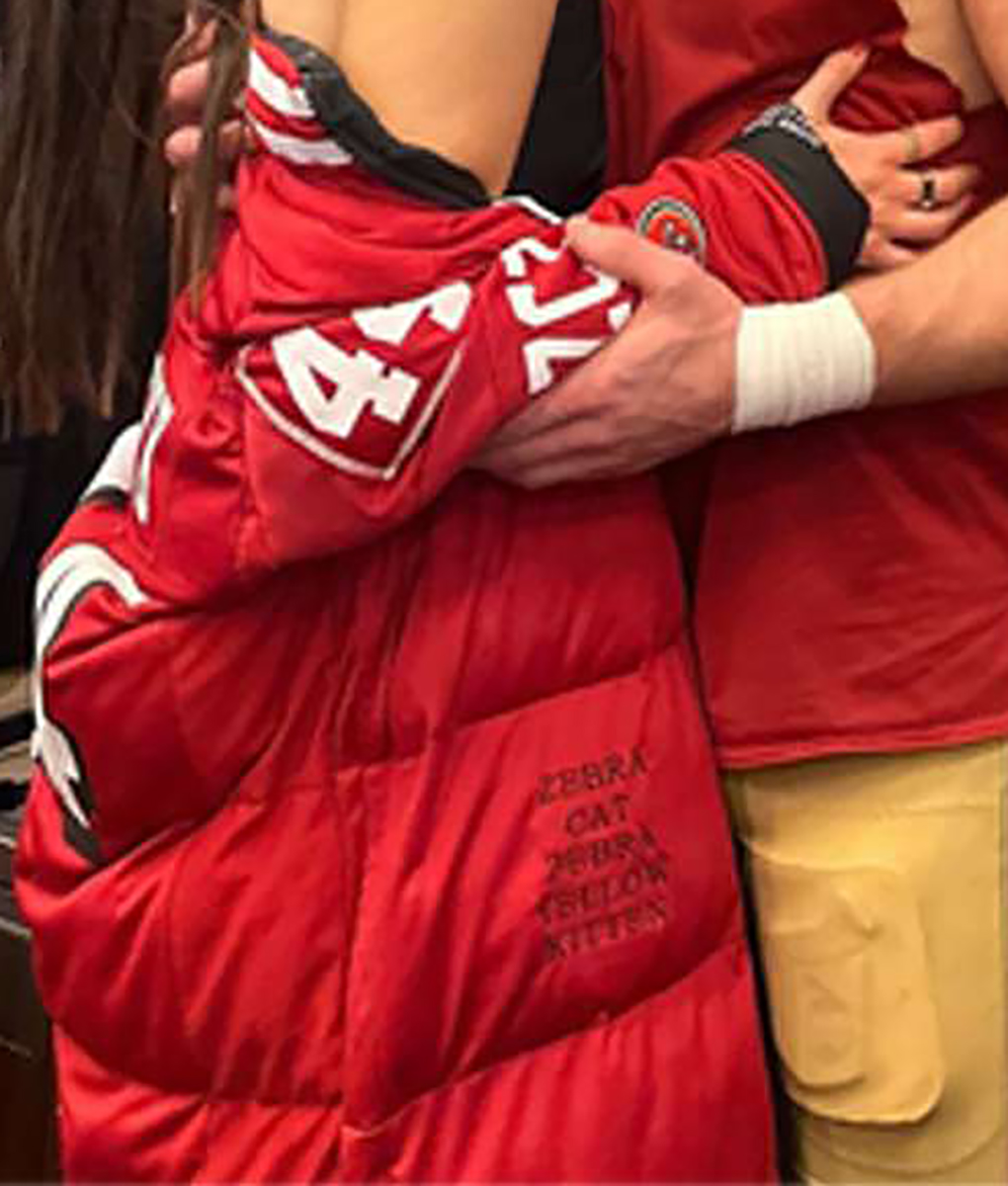 Kristin Juszczyk AFC Championship Red Puffer Coat (2)