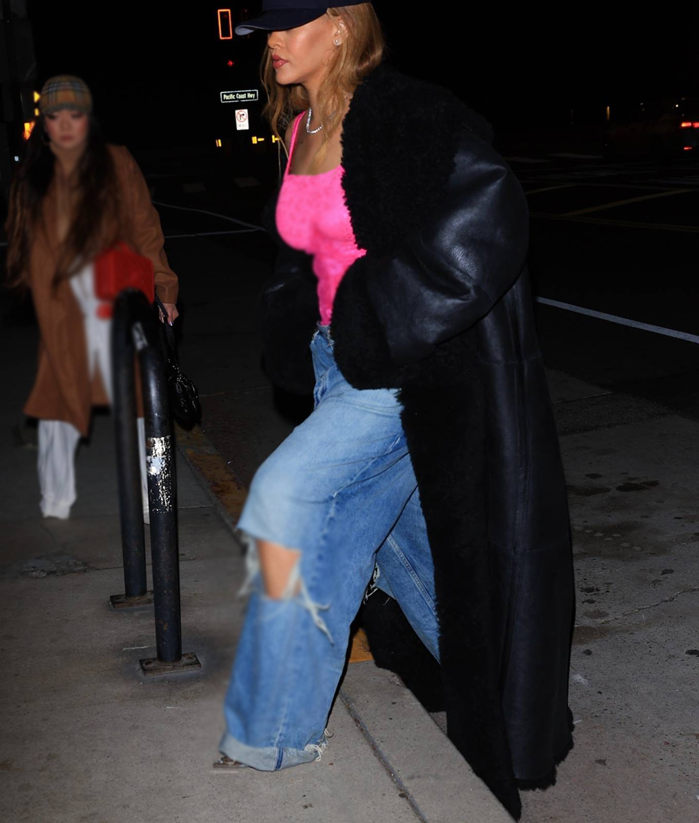 Rihanna Leather with Fur Black Coat (2)