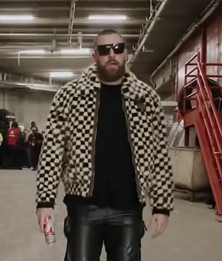 Travis Kelce Checkered Fur Bomber Jacket-1