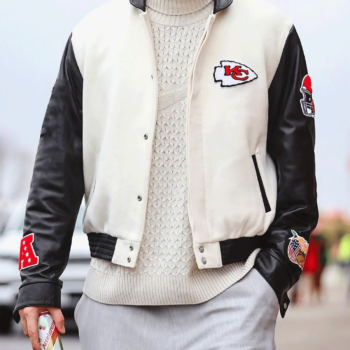 Travis Kelce KC Cheifs White Varsity Jacket