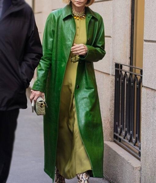 Anna Wintour Fashion Week Green Leather Coat-5