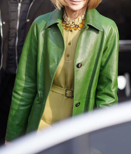 Anna Wintour Fashion Week Green Leather Coat-3