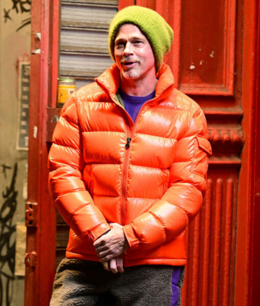 Brad Pitt Wolfs 2024 Orange Hooded Puffer Jacket-3