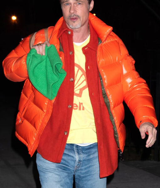 Brad Pitt Wolfs 2024 Orange Hooded Puffer Jacket-1