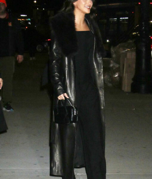 Camila Mendes Long Black Leather with Fur Coat-3