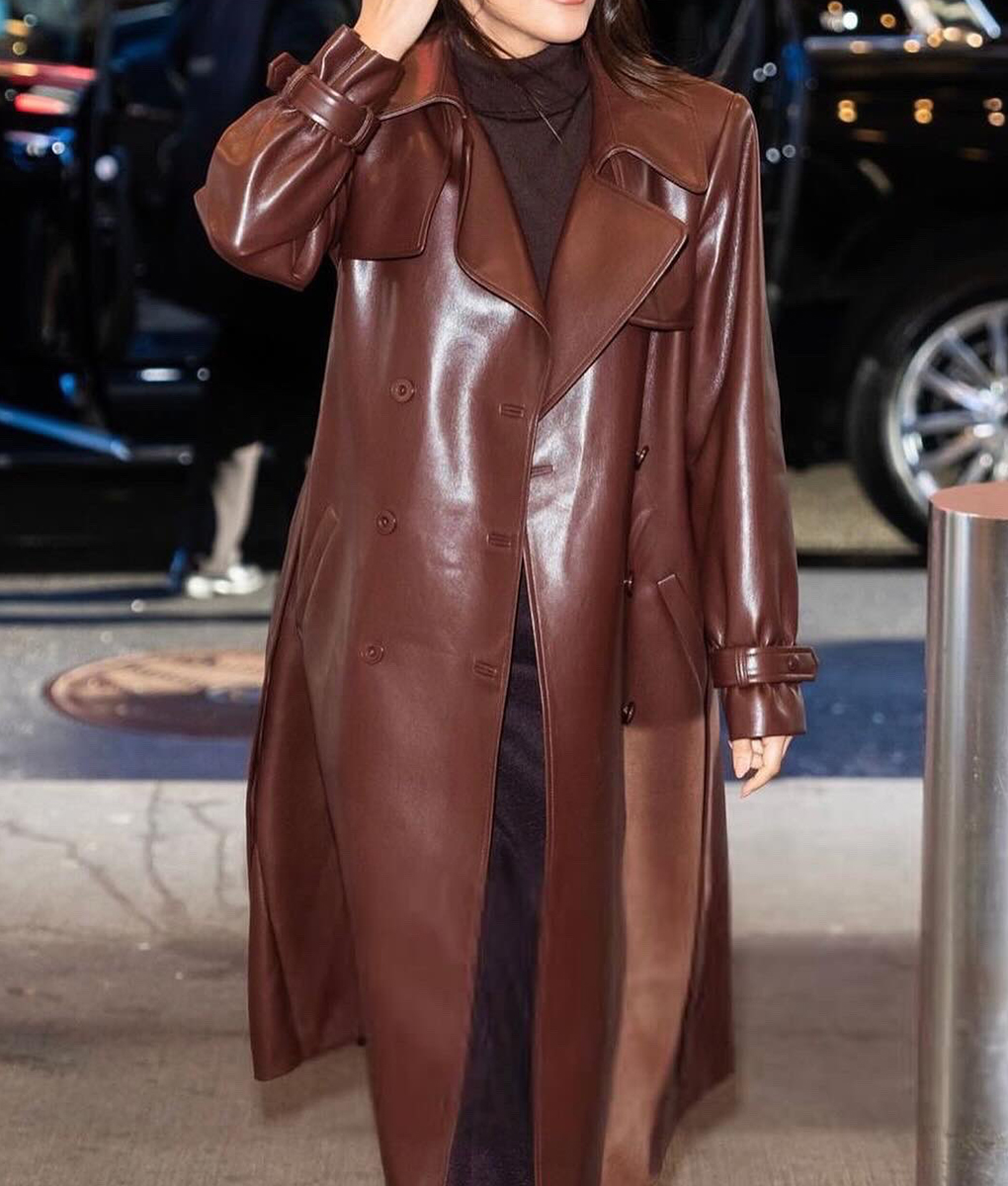 Camila Mendes Long Brown Leather Coat-3