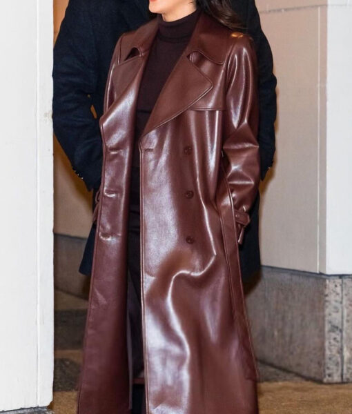 Camila Mendes Long Brown Leather Coat-1