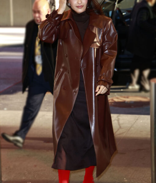 Camila Mendes Long Brown Leather Coat-4