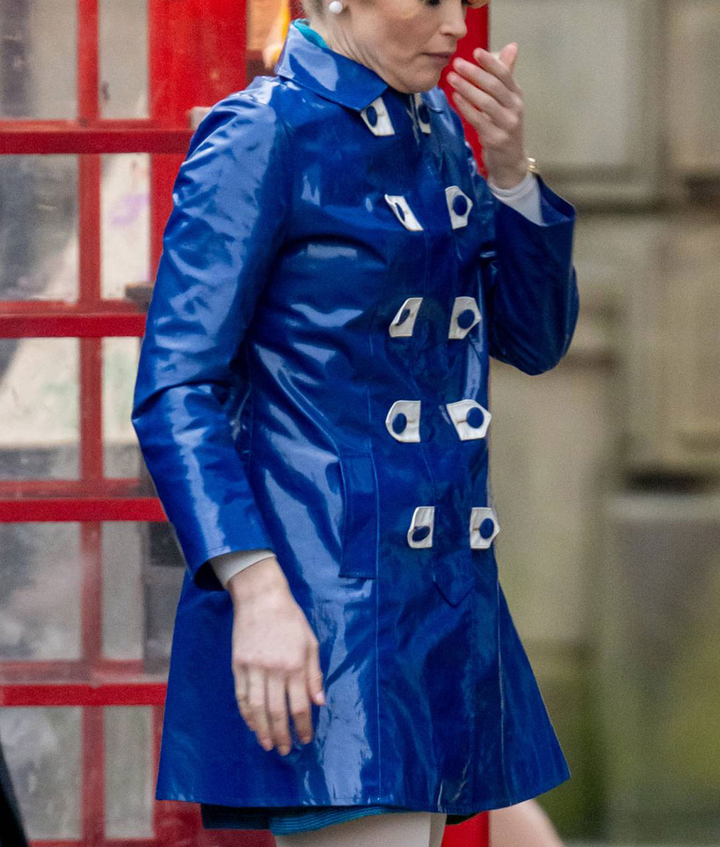 Gemma Arterton Funny Woman Blue Leather Coat (1)