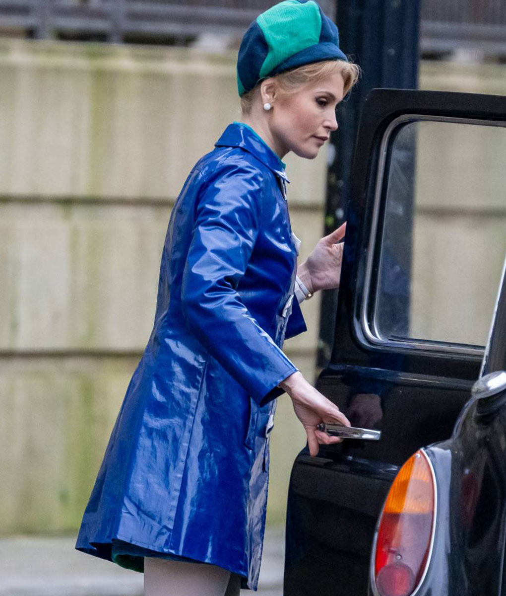 Gemma Arterton Funny Woman Blue Leather Coat (2)