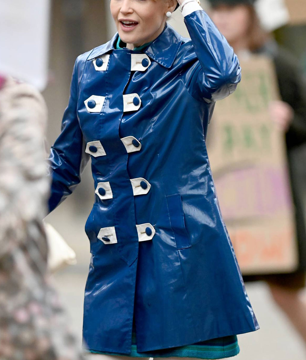 Gemma Arterton Funny Woman Blue Leather Coat (4)