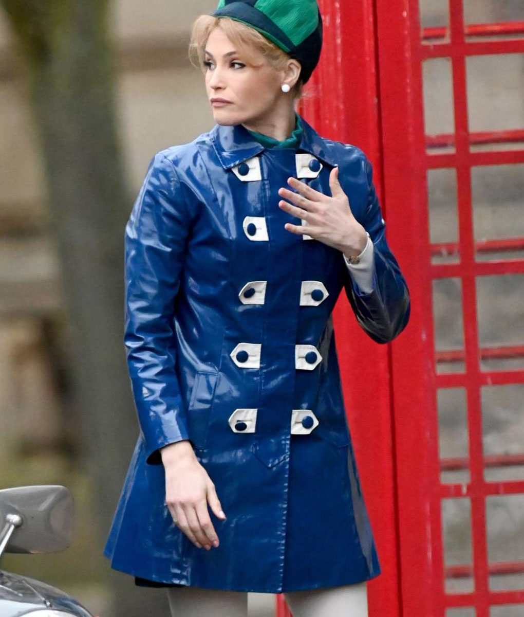 Gemma Arterton Funny Woman Blue Leather Coat (6)
