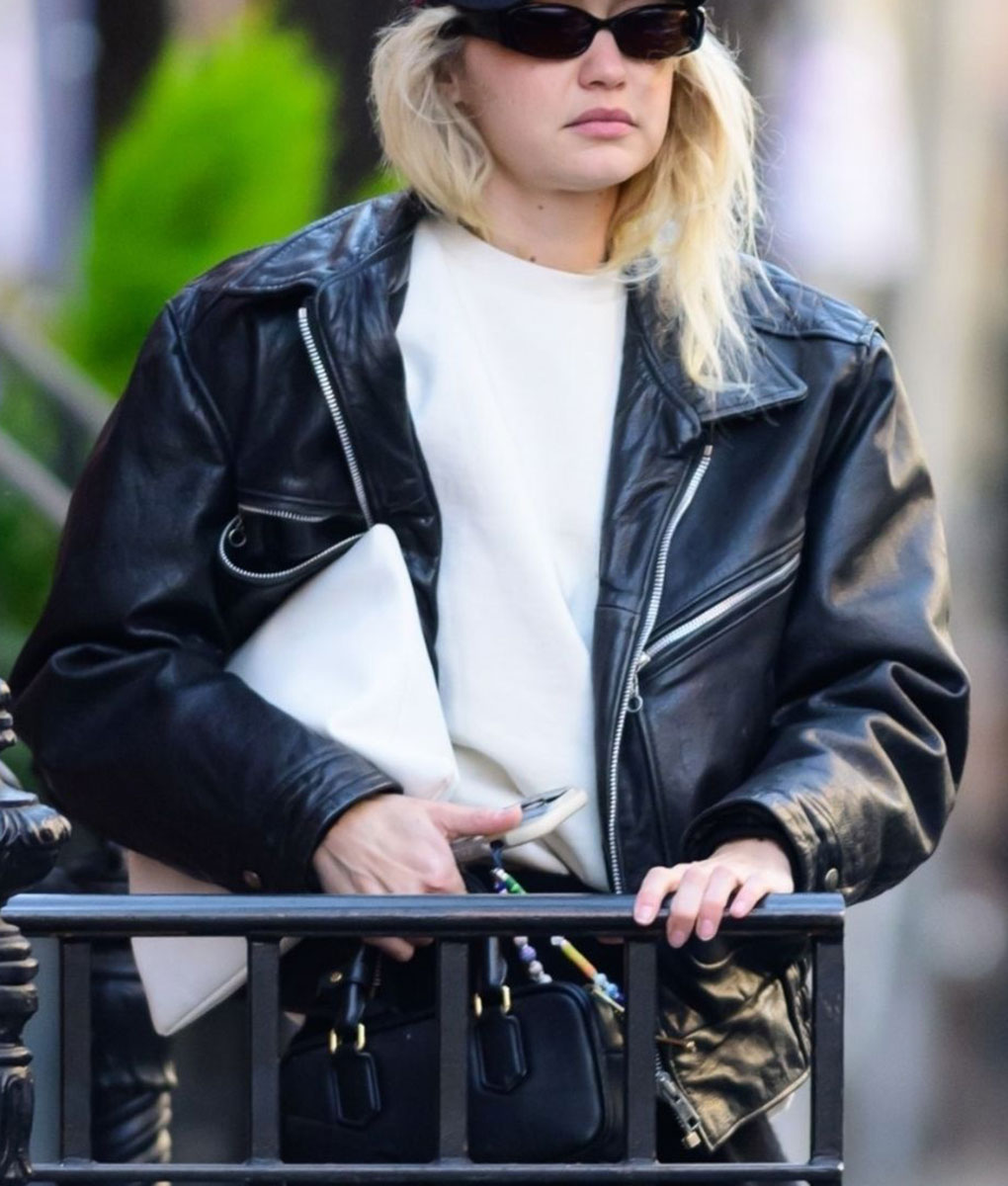 Gigi Hadid Black Leather Jacket (4)
