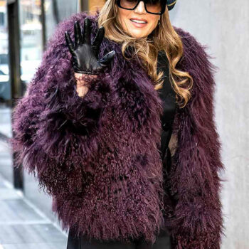 Jennifer Lopez NYC Fashion Show Maroon Fur Jacket-2