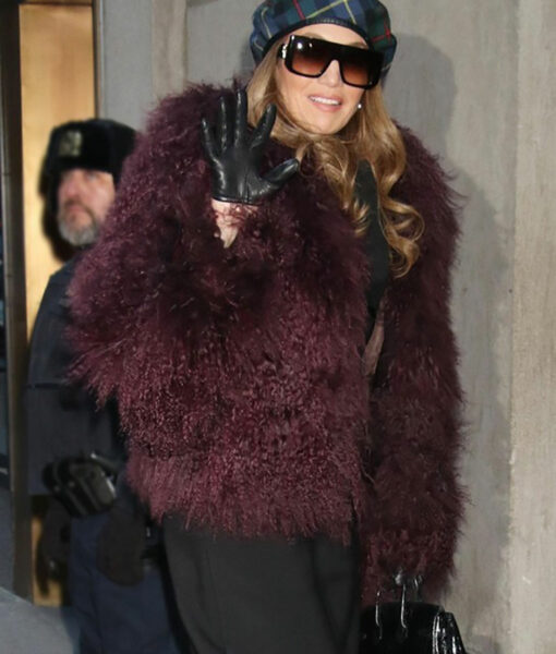 Jennifer Lopez NYC Fashion Show Maroon Fur Jacket-3