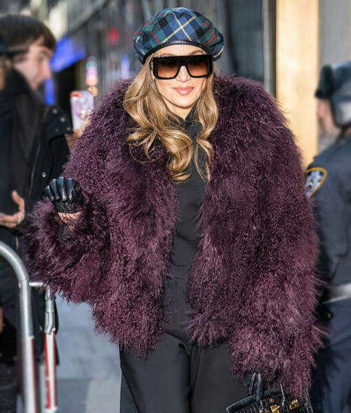 Jennifer Lopez NYC Fashion Show Maroon Fur Jacket-1
