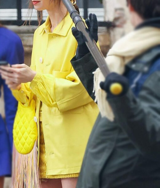 Lily Collins Emily in Paris Yellow Leather Jacket