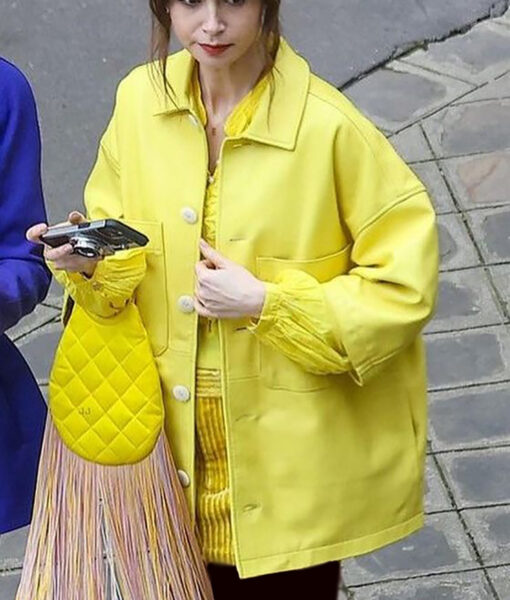 Lily Collins Emily in Paris Yellow Shirt Style Leather Jacket