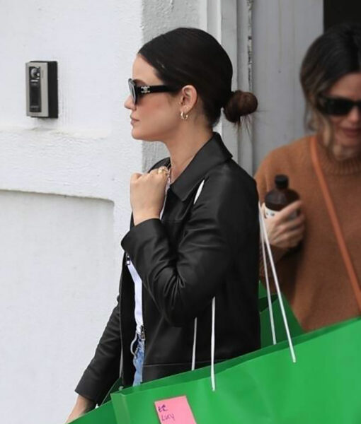 Lucy Hale Black Leather Bomber Jacket-4
