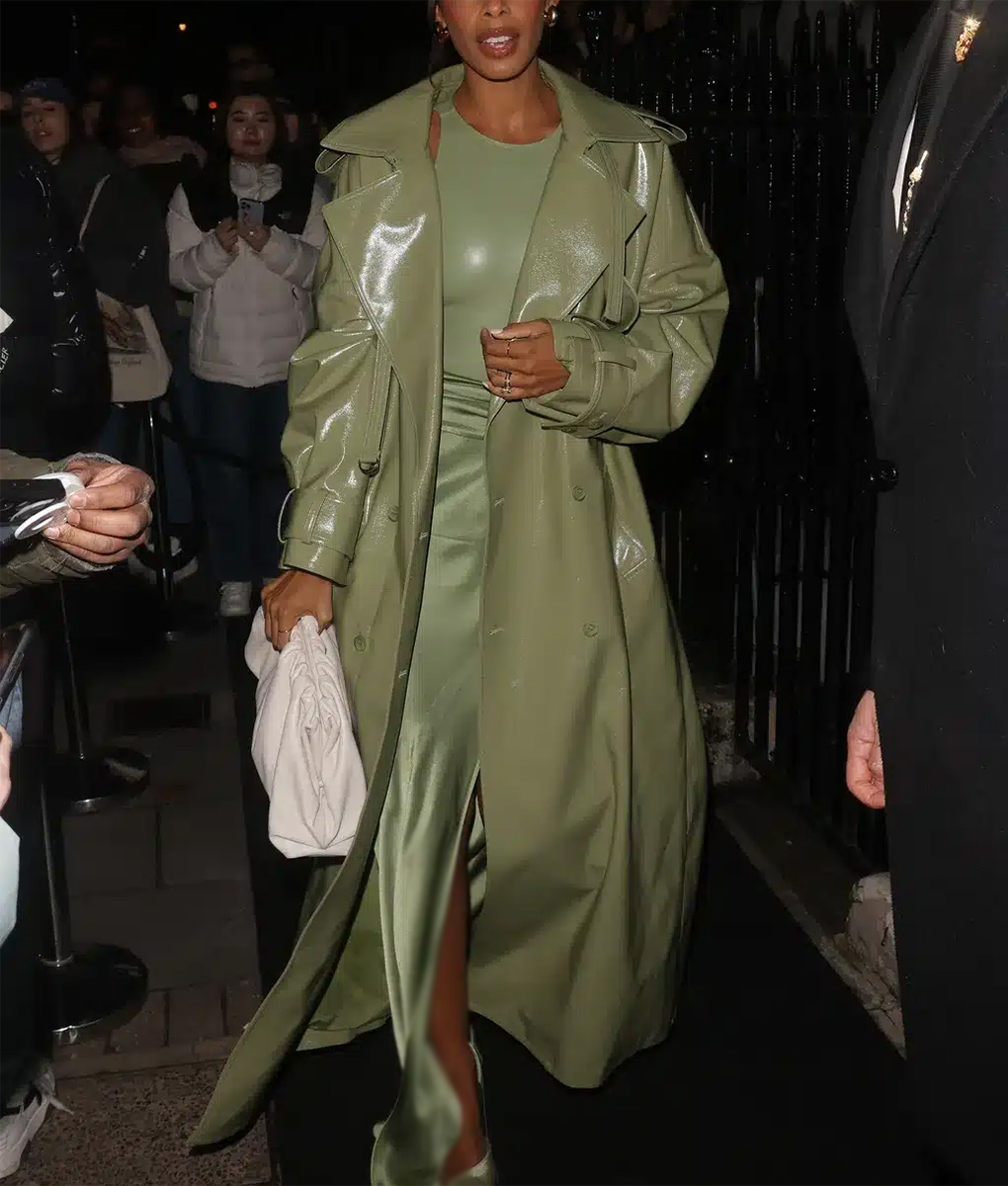 Rochelle Humes Green Leather Coat (1)