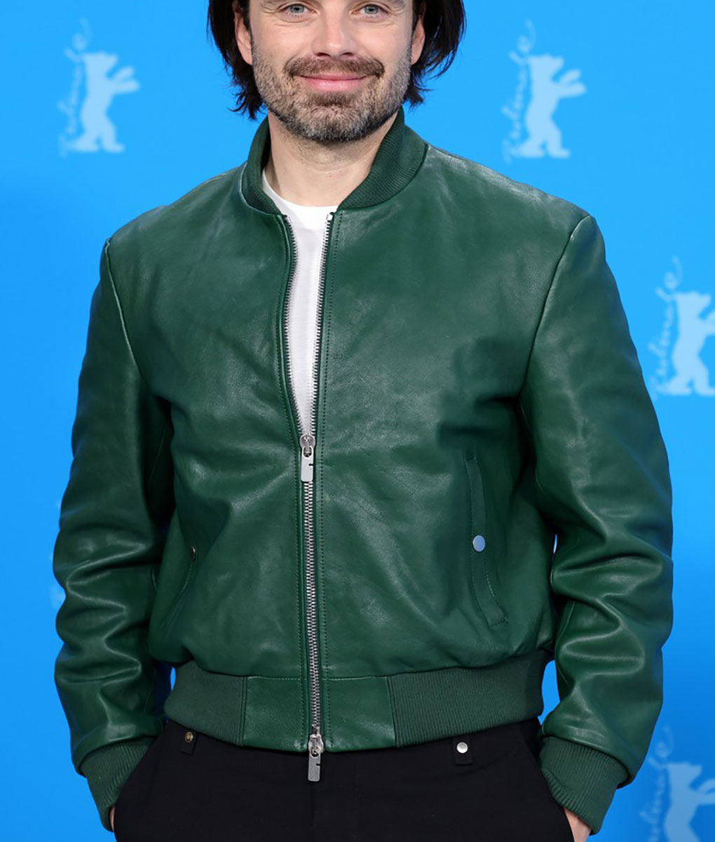 Sebastian Stan Green Leather Bomber Jacket (4)