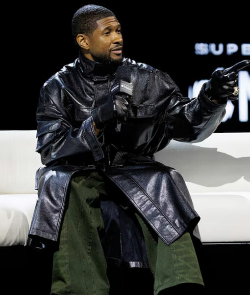 Usher Super Bowl LVIII Long Black Leather Coat-2