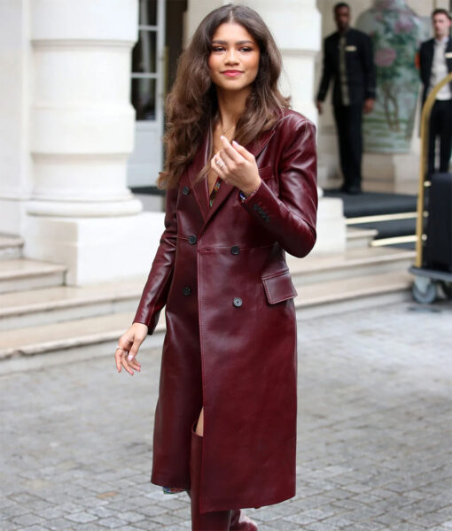 Zendaya Maree Maroon Leather Coat-3