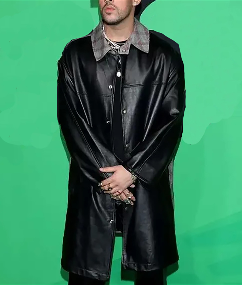 Bad Bunny Spotify Awards Black Leather Coat-4