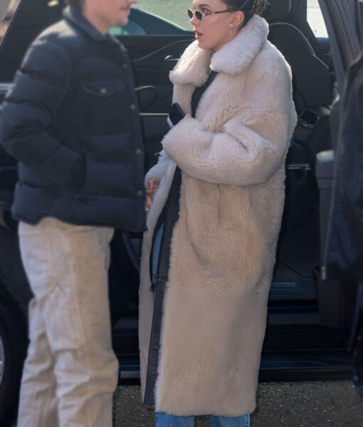 Millie Bobby Brown Long White Fur Coat-2