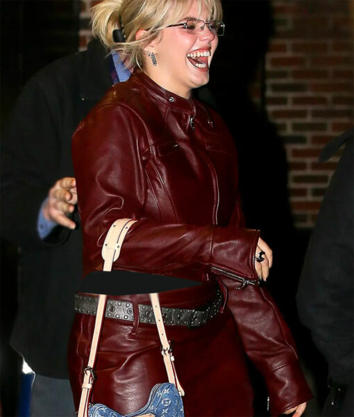 Renee Rapp The Late Show Maroon Leather Jacket-4