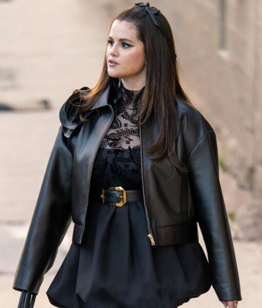 Selena Gomez Black Leather Cropped Jacket-5