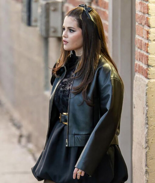 Selena Gomez Black Leather Cropped Jacket-3