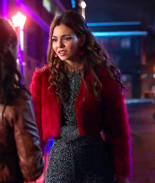 Cassie Afterlife of the Party (Victoria Justice) Red Fur Jacket