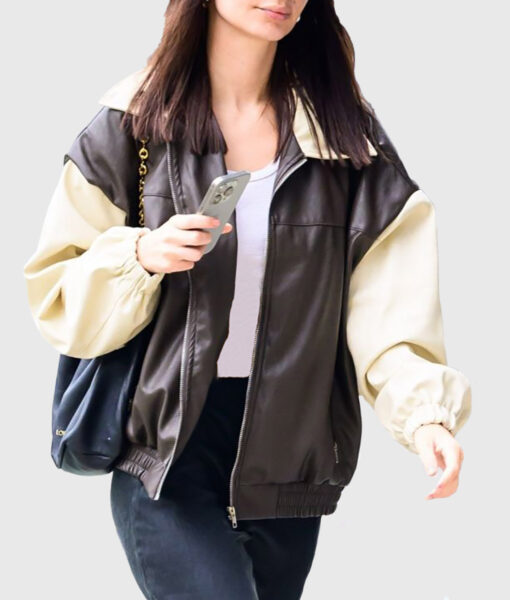 Emily Ratajkowski Shirt Style Bomber Leather Jacket-1
