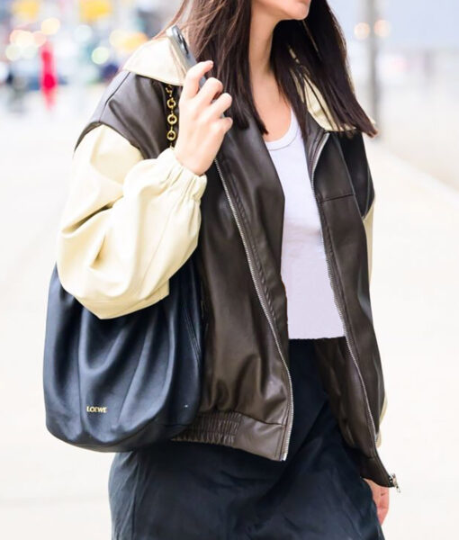 Emily Ratajkowski Shirt Style Bomber Leather Jacket-3