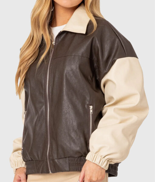 Emily Ratajkowski Shirt Style Bomber Leather Jacket-3