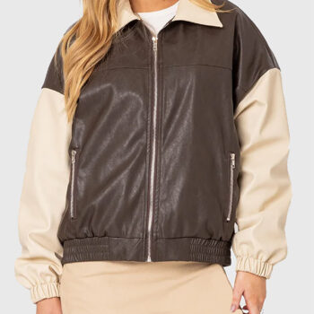Emily Ratajkowski Shirt Style Bomber Leather Jacket-4