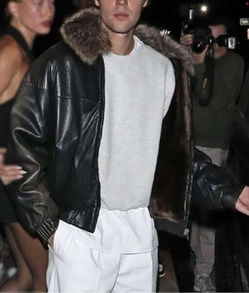 Justin Bieber Dinner Night Black Shearling Leather Jacket-3